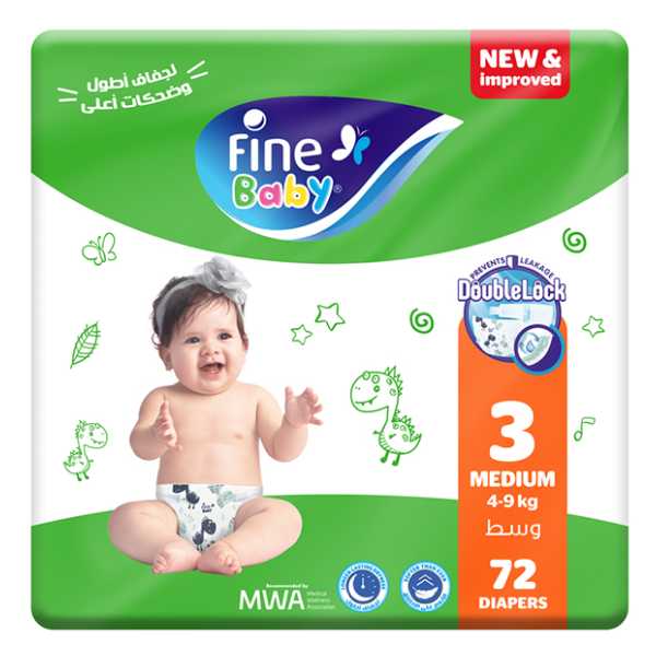 Fine Baby Diapers Medium Size 3, (4-9 Kg), 72 Diapers