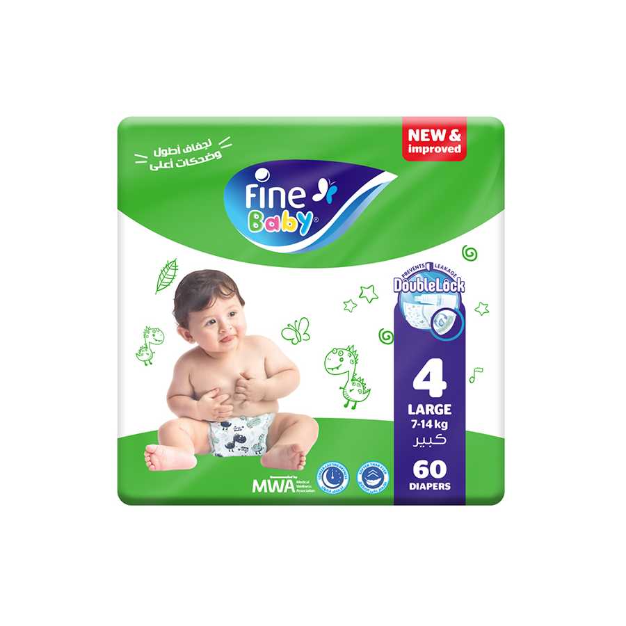 Fine Baby Diapers Large Size 4, (7-14 Kg), 60 Diapers