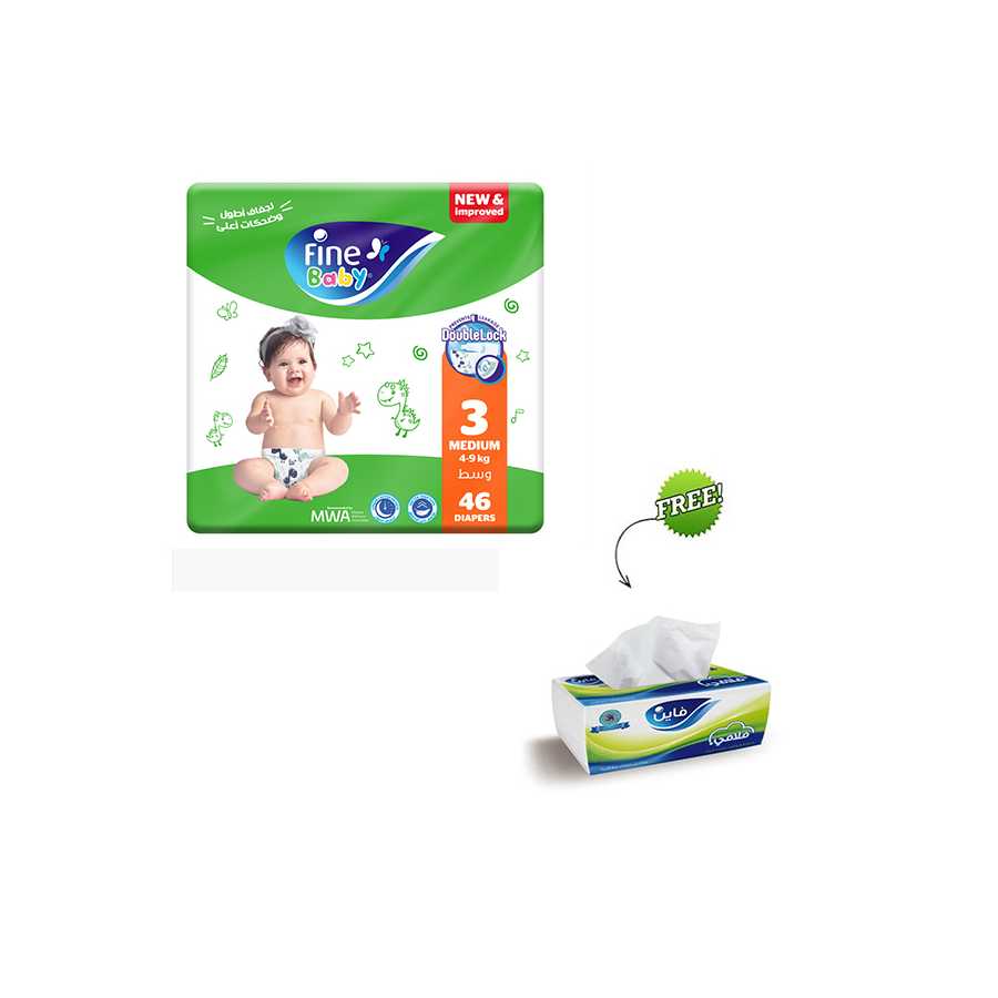 Fine Baby Diapers Medium Size 3, (4-9 Kg), 46 Diapers + Fine Fluffy Gift