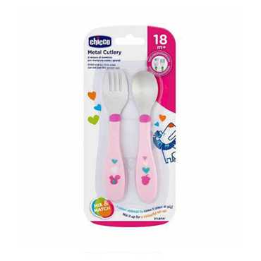 PINK Chicco Metal Cutlery +18M  Pink